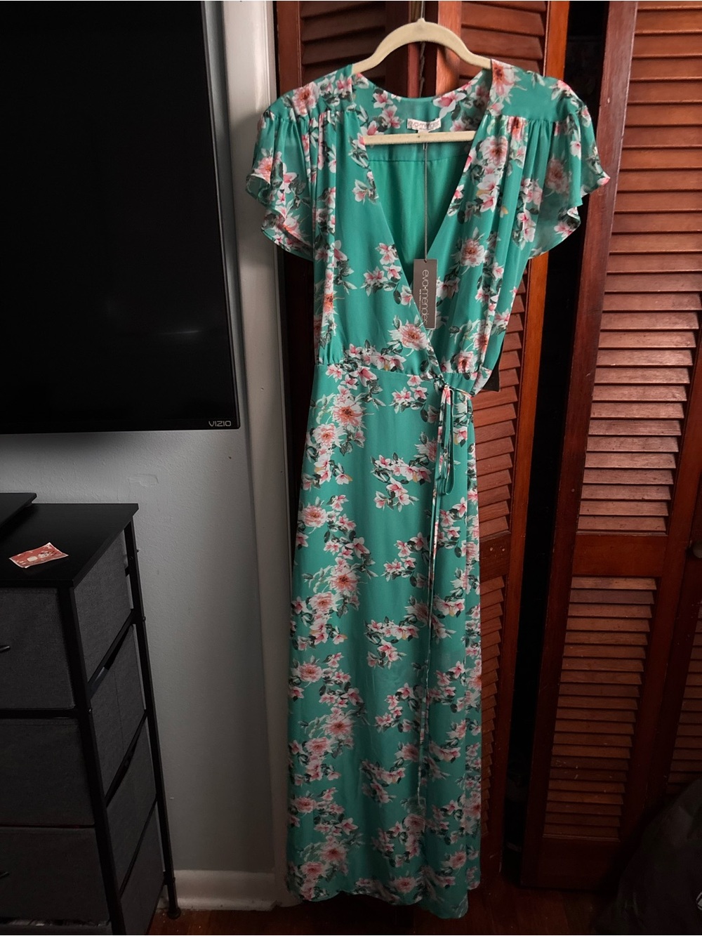 eva mendes for New York & Company Teal Floral Wrap Maxi Dress